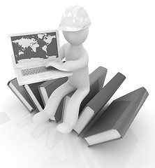 Image showing 3d man in hard hat sitting on books and working at his laptop 