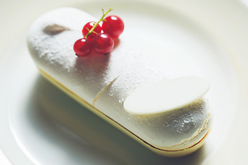 Image showing Single eclair with space for text on white plate.