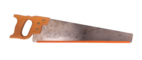 Image showing Rusted antique carpenters hand saw with wood handle