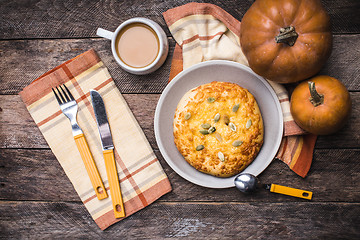 Image showing Morning coffee with flat bread and pumpkins in rustic style