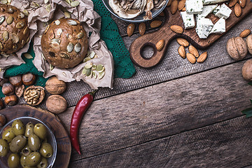 Image showing sheep cheese with bread, Olives and nuts