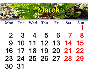 Image showing calendar for March of 2015 year with rhubarb