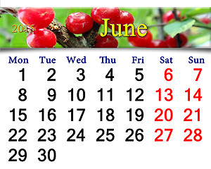 Image showing calendar for June of 2015 year with berries of Prunus tomentosa