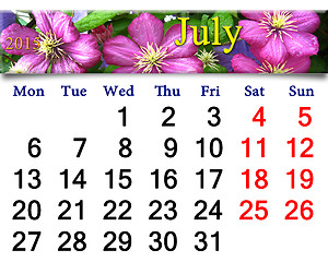 Image showing calendar for July of 2015 year with image of clematis