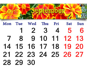 Image showing calendar for September of 2015 with the flowers of tagetes