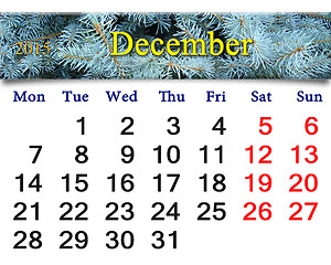Image showing calendar for the December of 2015 with evergreen spruce