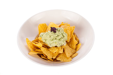 Image showing Crisp corn nachos with guacamole sauce