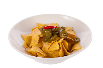 Image showing Nachos with cheese sauce and chilli pepperoni