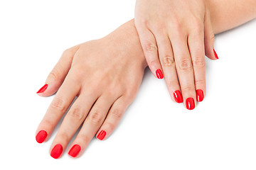 Image showing Woman with beautiful manicured red fingernails