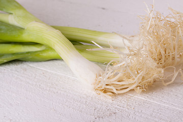 Image showing Bunch of fresh leeks or scallions