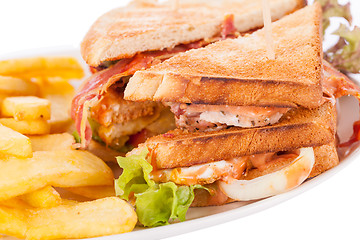 Image showing Club sandwich with potato French fries