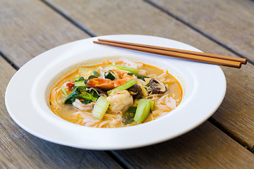 Image showing Bowl of traditional Thai tom yam soup