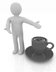 Image showing 3d people - man, person presenting - Mug of coffee with milk