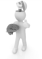 Image showing 3d people - man with half head, brain and trumb up. Idea concept