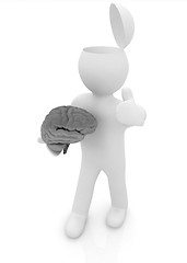 Image showing 3d people - man with half head, brain and trumb up. 