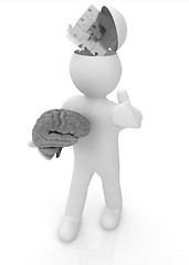 Image showing 3d people - man with half head, brain and trumb up. Idea concept