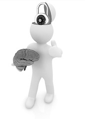 Image showing 3d people - man with half head, brain and trumb up. The concept 