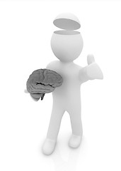 Image showing 3d people - man with half head, brain and trumb up. 