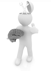 Image showing 3d people - man with half head, brain and trumb up. Service conc