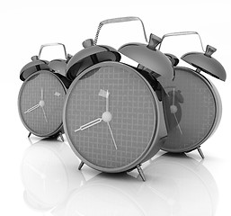 Image showing 3d illustration of glossy alarm clocks against white background 