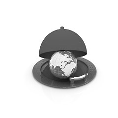 Image showing Earth globe on glossy silver dish under food cover