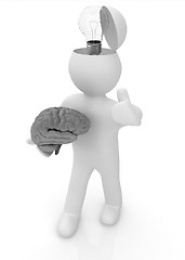 Image showing 3d people - man with half head, brain and trumb up. Idea concept