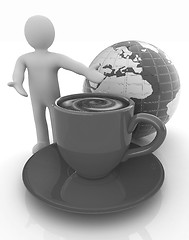 Image showing 3d people - man, person presenting - Mug of coffee with milk. Gl