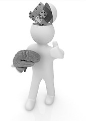 Image showing 3d people - man with half head, brain and trumb up. Idea concept