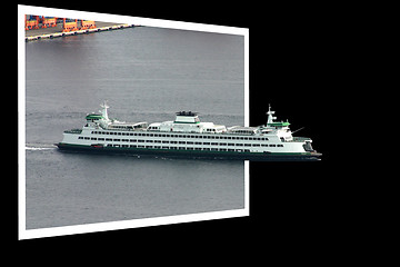 Image showing Ferry in Seattle harbor sailing away through the frame