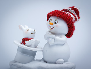 Image showing Cheerful snowman shows tricks