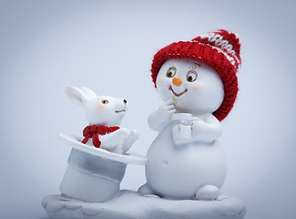 Image showing Cheerful snowman shows tricks