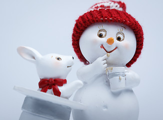 Image showing Cheerful snowman shows tricks