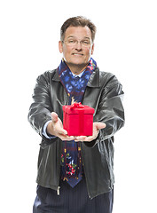 Image showing Man Wearing Black Leather Jacket Holding Christmas Gift on White