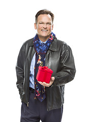 Image showing Man Wearing Black Leather Jacket Holding Christmas Gift on White