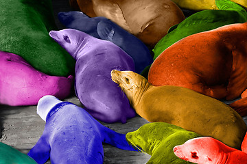 Image showing Colorful abstract of sea lions resting on dock