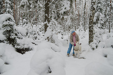 Image showing The woman with a dog on walk in a winter wood