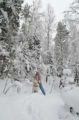 Image showing The woman with a dog on walk in a winter wood