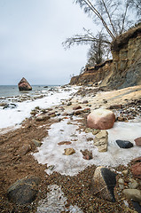 Image showing Baltic Sea coast in winter cloudy weather  