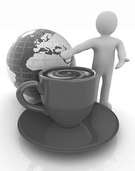 Image showing 3d people - man, person presenting - Mug of coffee with milk. Gl