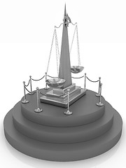 Image showing Gold scales of justice on 3d carpeting podium with gold handrail