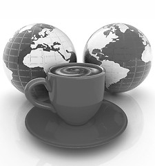 Image showing Mug of coffee with milk. Global concept with Earth
