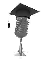Image showing New 3d concept of education with microphone and graduation hat