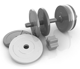 Image showing Colorful dumbbells are assembly and disassembly on a white backg