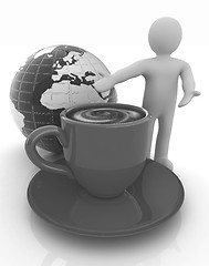 Image showing 3d people - man, person presenting - Mug of coffee with milk. Gl