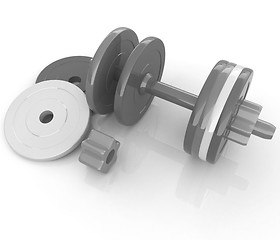 Image showing Colorful dumbbells are assembly and disassembly on a white backg