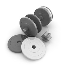 Image showing Colorful dumbbells are assembly and disassembly on a white backg