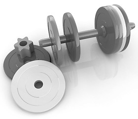 Image showing Colorful dumbbells are assembly and disassembly on a white backg