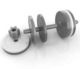 Image showing Colorful dumbbells are assembly and disassembly on a white backg