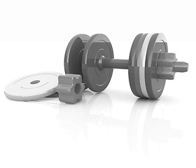 Image showing Colorful dumbbells are assembly and disassembly on a white backg