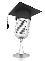 Image showing New 3d concept of education with microphone and graduation hat